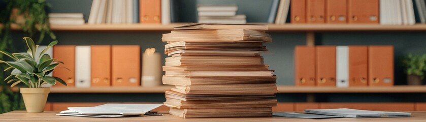 Stacked Paperwork and Files on Wooden Desk in Modern Office Setting with Shelves