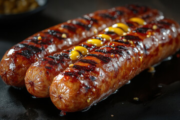 A close-up of grilled sausages with a caramelized crust and grill marks. 