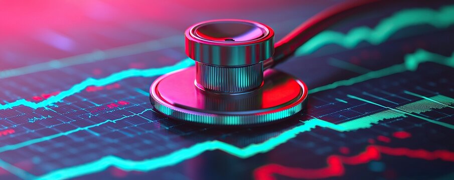 Stethoscope and digital health chart concept. Medical stethoscope overlaid on a financial graph, symbolizing health and finance intersection.
