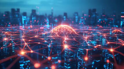 City Network Connecting Data with Digital Technology and Futuristic Skyline