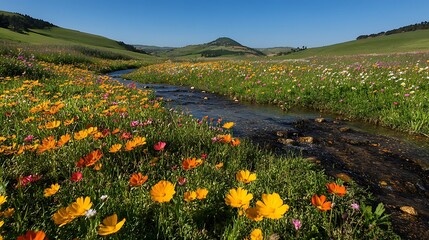 Colorful wildflowers bloom along a stream in a valley, sunny day