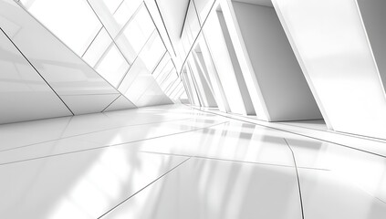 Modern white building interior, hallway perspective, sunlight, clean design, architecture visualization