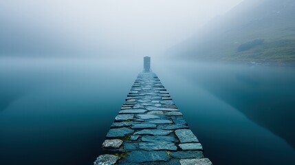 Misty Stone Bridge Over Calm Water in Foggy Landscape at Dawn