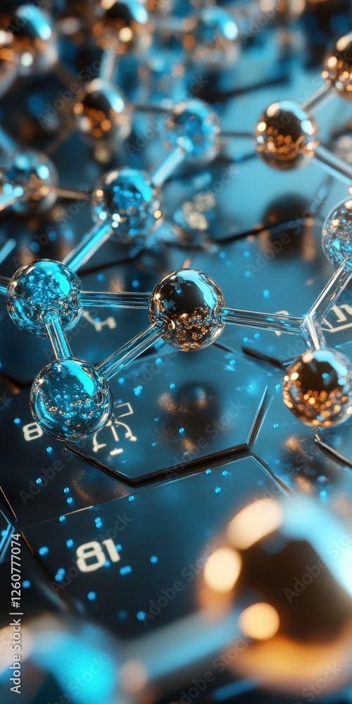 Poster intriguing abstract image of glowing blue molecules mesmerizing depiction of atomic structure
