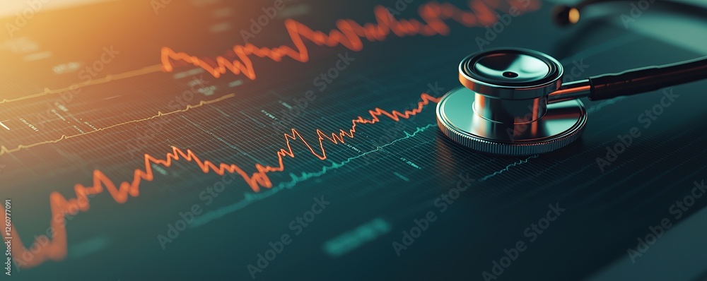 Aufkleber stethoscope and digital health chart concept. medical stethoscope resting on a digital heartbeat mon