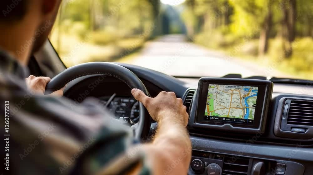 Aufkleber Driver navigating rural road using gps device mounted on dashboard, tracking route through scenic countryside while maintaining control of vehicle in smooth slow motion perspective
