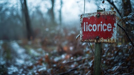 Fototapeta premium Rustic Weathered Sign Reading 'Licorice' in a Serene Snow-Dusted Forest Pathway Amidst Autumn Foliage and Bare Trees During Early Winter Morning