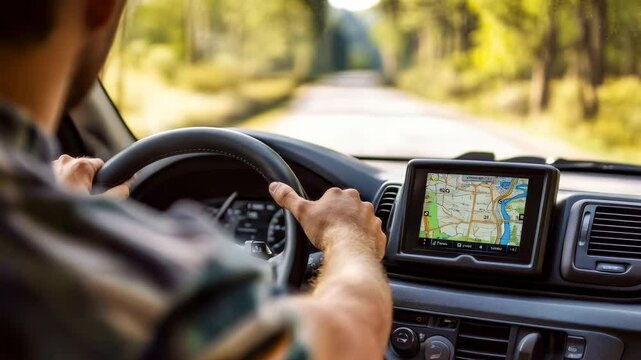 Driver navigating rural road using gps device mounted on dashboard, tracking route through scenic countryside while maintaining control of vehicle in smooth slow motion perspective