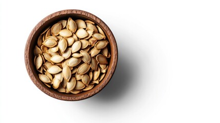 Roasted pumpkin seeds in wooden bowl. Overhead view. Food photography. Use for healthy snacks