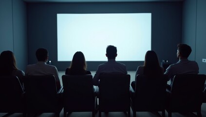 A group of people are sitting in chairs in front of a large screen. Scene is one of relaxation and enjoyment, as the people are gathered to watch a movie together