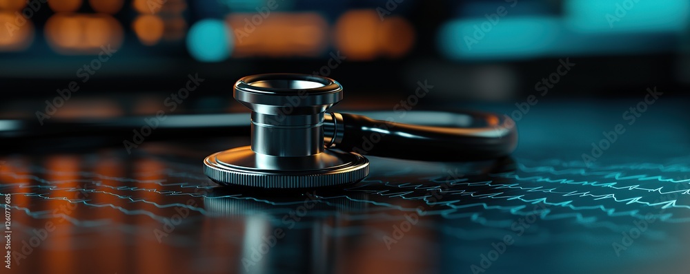 Aufkleber stethoscope and digital health chart concept. stethoscope resting on a dark surface with vibrant bac