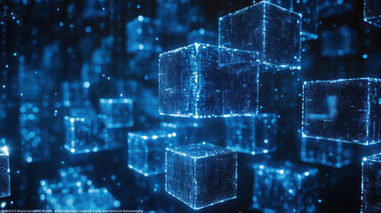 Floating blocks of light represent the dynamic nature of cryptocurrency technology and its potential impact on the digital finance landscape