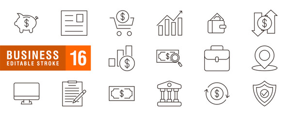 Collection of Minimalist Business and Finance Icons with Editable Stroke