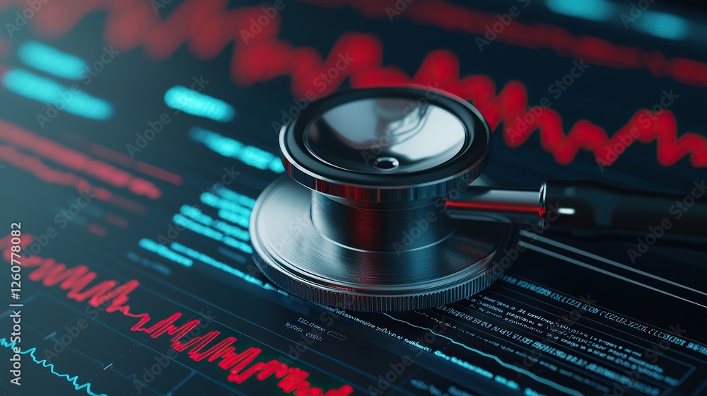 Aufkleber Stethoscope and digital health chart concept. Stethoscope resting on a digital heartbeat monitor with vibrant wave patterns.