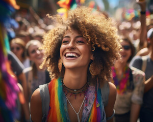 Fototapeta premium Joyful woman at a pride parade surrounded by rainbow flags symbolizing freedom equality and celebration