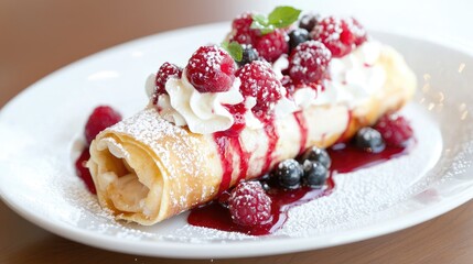 Delicious crepe with berries and cream, restaurant setting