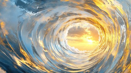 Abstract swirling water tunnel, sunset sky, visual art