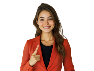 portrait of a young woman poiting to the face isolated on white