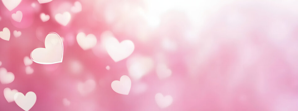 Abstract blurred pink background with white hearts for Valentine's Day, wedding, or other events