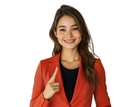portrait of a young woman poiting to the face isolated on white