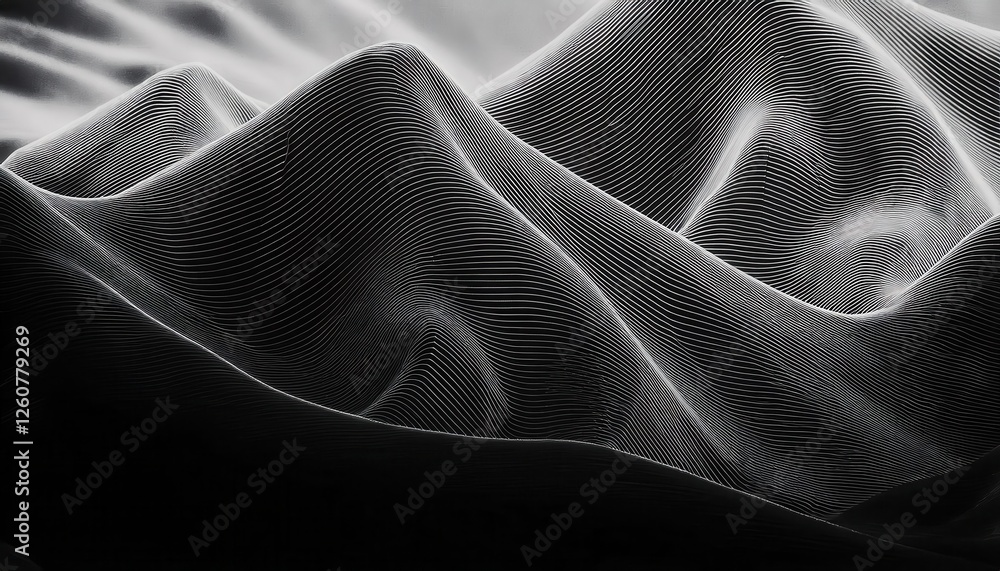 Poster dynamic digital wireframe landscape for futuristic design and data visualization, flowing lines on black background

