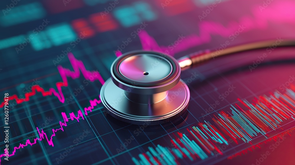 Fototapete Stethoscope and digital health chart concept. A stethoscope on a digital health monitor displaying heart rate data.