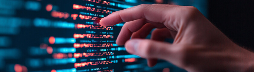 Closeup of human hand interacting with digital screen displaying data