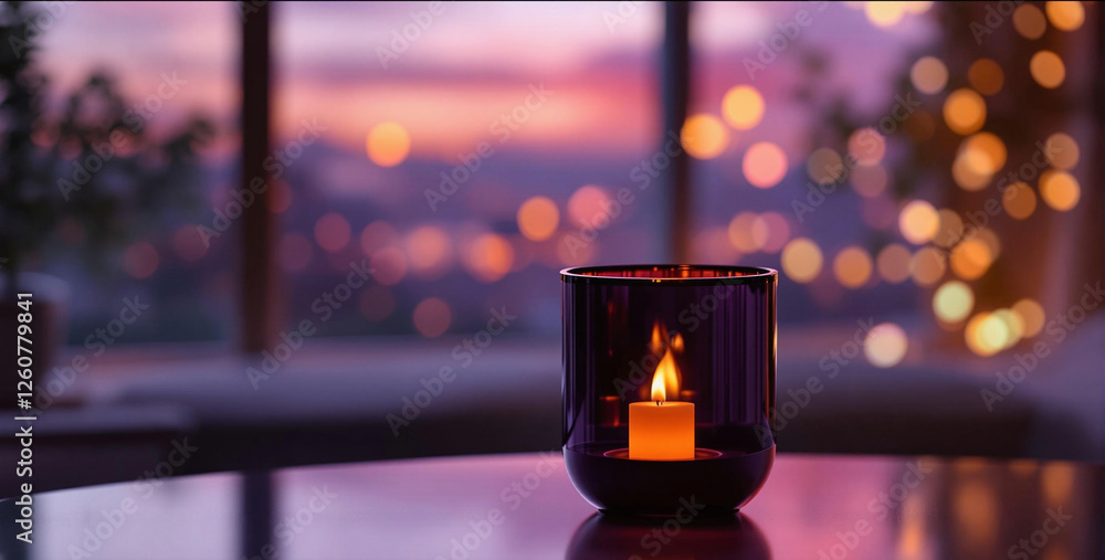 Poster a serene evening scene with a lit candle placed on a table in front of a window, its flame casting a