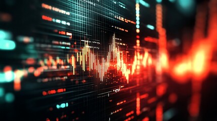 Fototapeta premium A futuristic stock market display featuring red and green bars against a black background with grid lines.