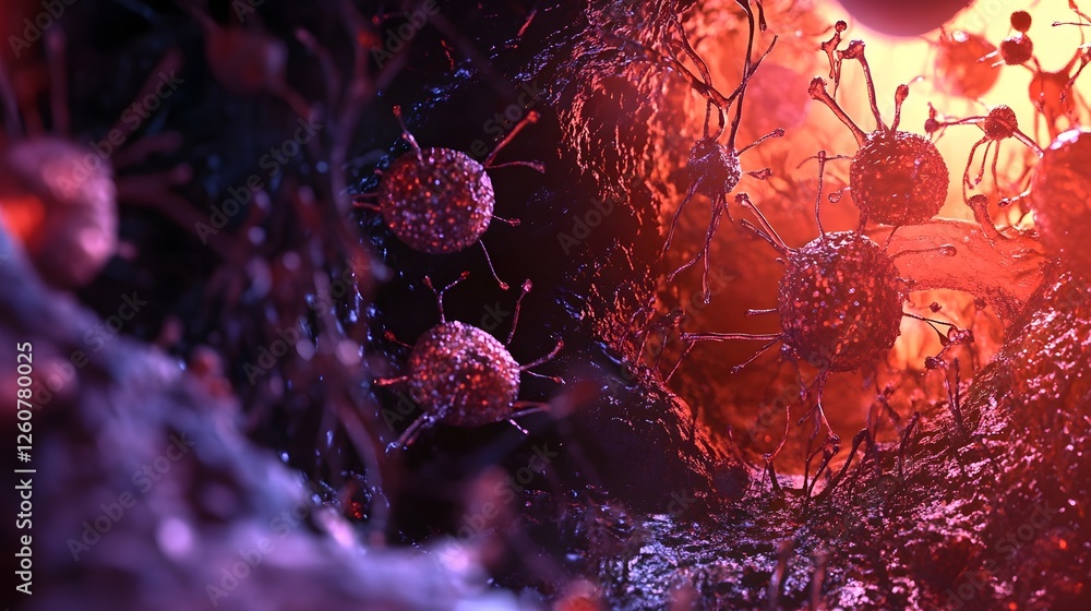 Poster Captivating abstract image showcasing the intricate and mesmerizing microscopic cellular structures in vibrant red tones evoking a sense of scientific research investigation