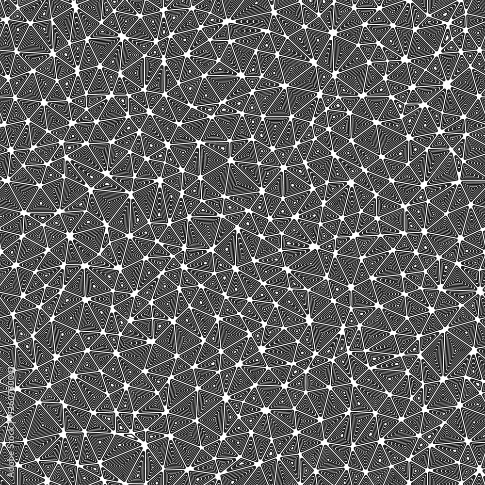 Poster triangles vector pattern. small shape size. multiple repeated inner triangles. black and white style