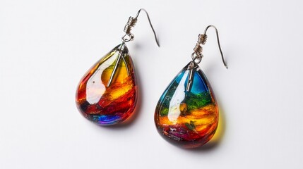 Rainbow glass teardrop earrings with silver wire hooks reflecting light