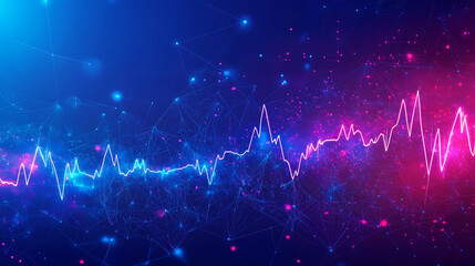 Abstract digital heartbeat graph with glowing lines on a blue and pink background