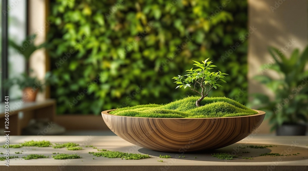 Poster a serene indoor setting with a wooden bowl containing a bonsai tree, surrounded by a lush green wall