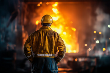 Obraz premium Steelworker in yellow protective gear facing molten metal fire in industrial foundry, intense heat and glowing sparks, hazardous work environment, safety and manufacturing industry concept.