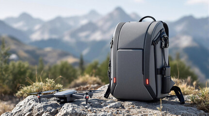 A backpack and a drone placed on a rocky terrain, with a backdrop of majestic mountains and a clear sky.