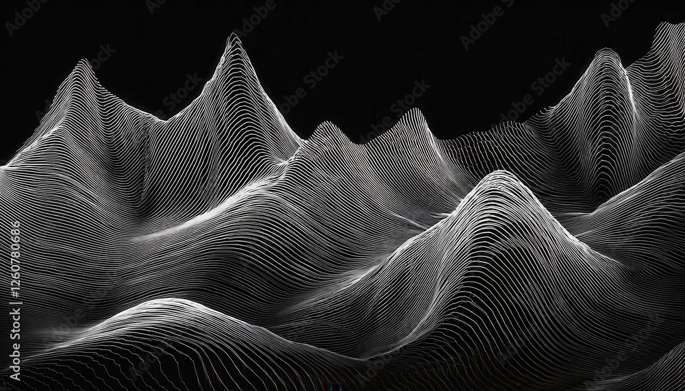 Aufkleber dynamic digital wireframe landscape for futuristic design and data visualization, flowing lines on black background

