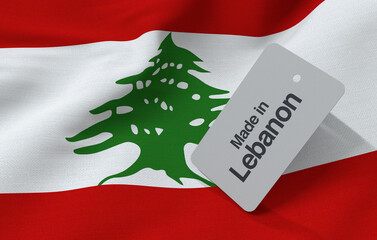 Lebanese flag with Made in Lebanon on a price tag - 3D Illustration