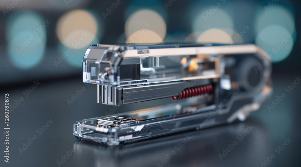 Poster a close-up of a stapler placed on a surface, with a blurred background. the staple is transparent, a