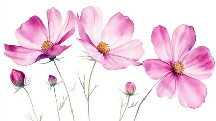 Watercolor cosmos flowers bouquet on white background. Possible use for a botanical wallpaper
