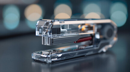 A close-up of a stapler placed on a surface, with a blurred background. The staple is transparent, allowing for a clear view of its internal components.