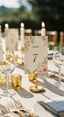 Table number with floral design in pastel colors against elegant table setting, wedding table setting