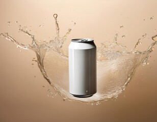 White soda can floating, minimalist beige background with subtle water splash