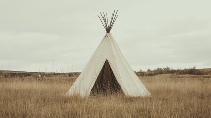 Teepee in autumn field, open flap, cloudy sky, nature background; travel, camping