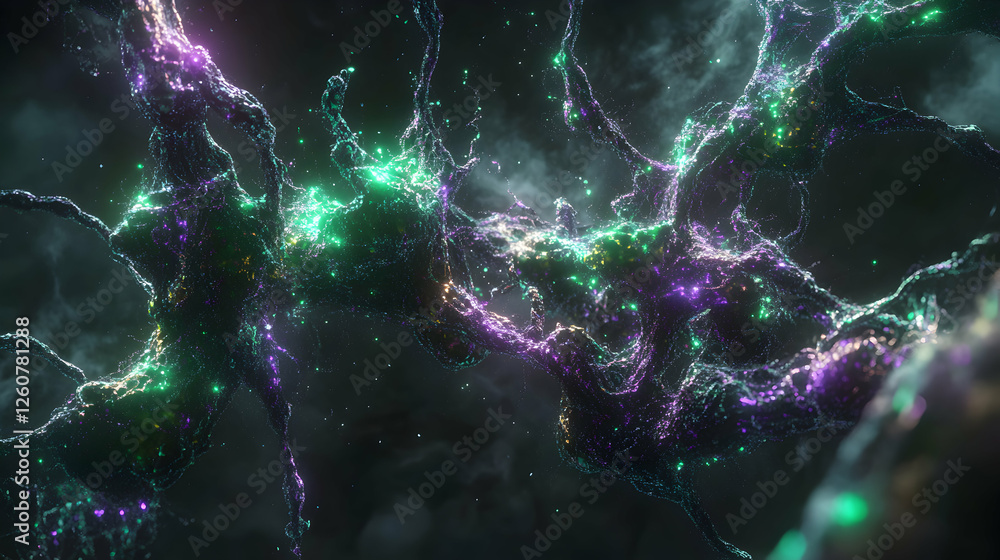 Poster glowing abstract nebula structure with green and purple highlights in space