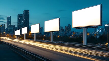 Landscape of holographic billboards projecting advanced and Futuristic Skyline with Holographic Billboards and Light Trails of Traffic, augmented reality billboards concept.