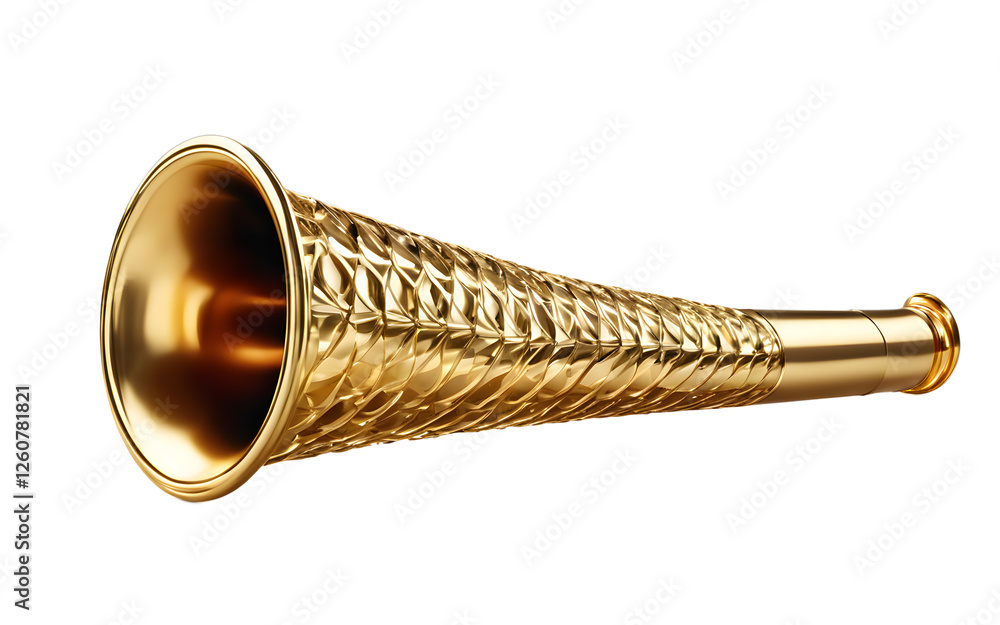 Poster A shiny golden party horn with a spiral pattern, isolated on a empty plain background