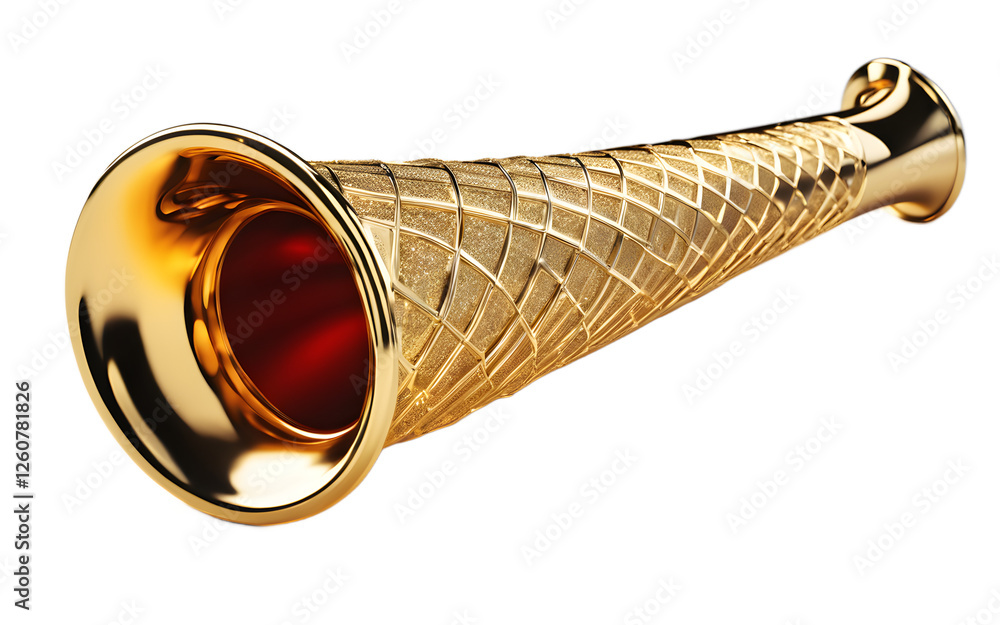 Poster A shiny golden party horn with a spiral pattern, isolated on a empty plain background
