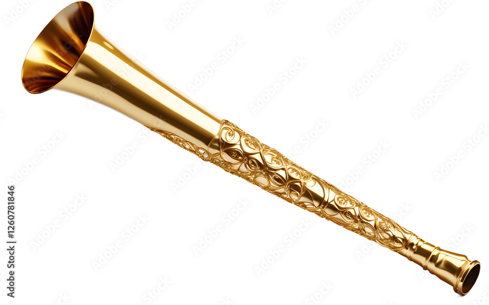Poster A shiny golden party horn with a spiral pattern, isolated on a empty plain background