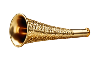 A shiny golden party horn with a spiral pattern, isolated on a empty plain background
